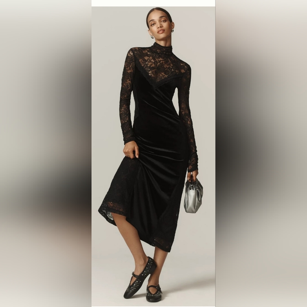 Nwt ANTHROPOLOGIE Elegant Black Lace Open-Back Dress- LARGE - Picture 4 of 14